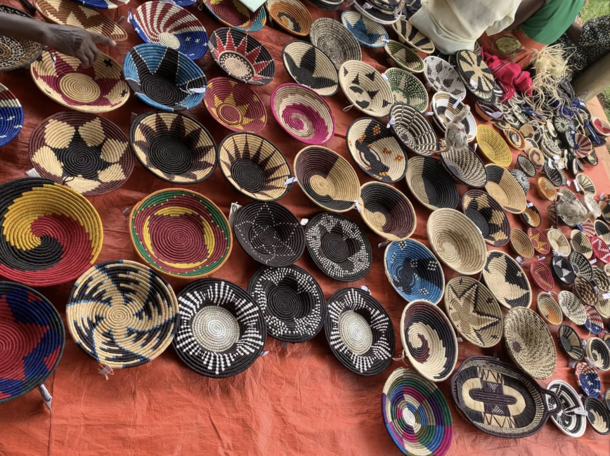 Hand woven raffia baskets made by the Ugandan mothers' craft group.